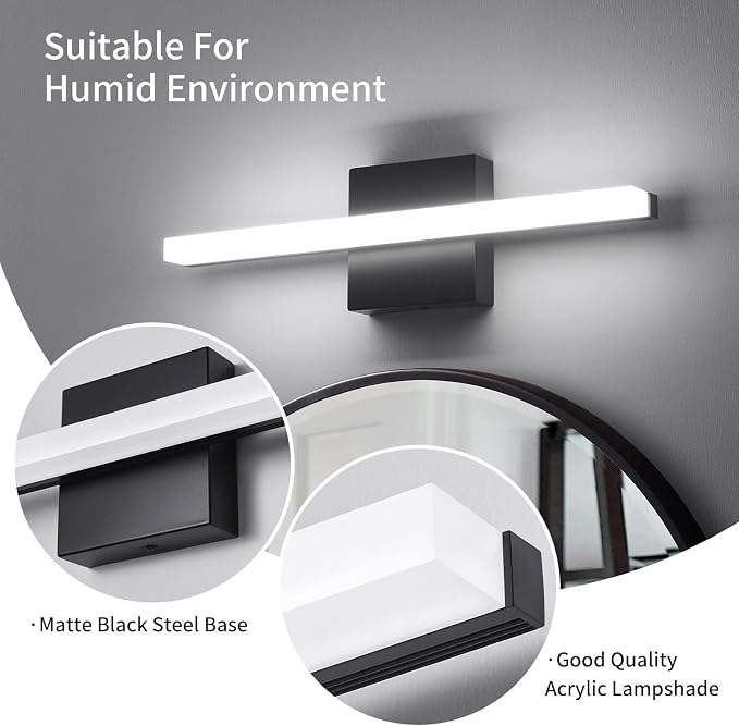 Modern LED Vanity Lights 16IN 9W (2 Pack) Daylight White Black Bathroom Light Fixtures Over Mirror Lighting for Vanity