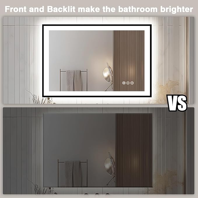 EchosLife 44x30 Bathroom Light up Mirror - Black Trim | Black Frame, Front and Backlit, Anti-Fog, Stepless Dimmable, 3 Colors, Memory, Tempered Glass, UL Listed, Horizontal/Vertical
