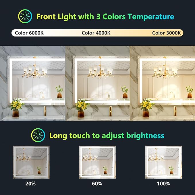 40x36 LED Bathroom Mirror with Lights, RGB Backlit Lighted Mirror | Backlit and Front Light, Anti-Fog, 3 Color Dimmable, Memory, Tempered Glass, IP54 Waterproof, UL Listed