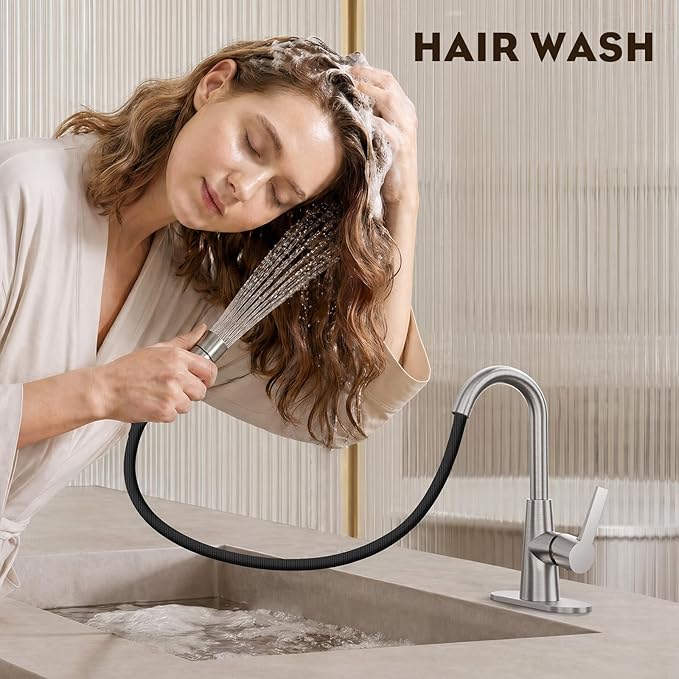 Tall Bathroom Faucets with Pull Down Sprayer, Brushed Nickel High Arc Single Handle Pull Out Faucet, 1 or 3 Hole Utility Sink Laundry Bar Faucet Pull Out with Deck Plate WE10CL-ZY-BN