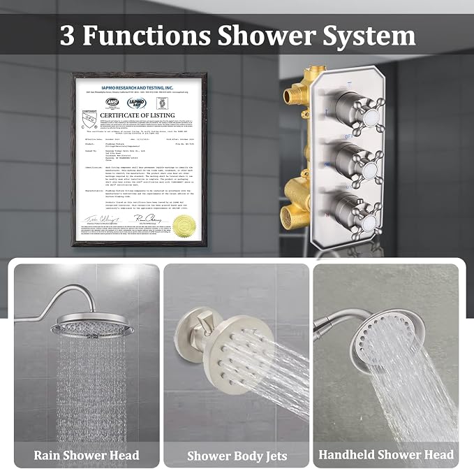 All Metal Thermostatic Shower System Backnets 9 Inch Shower Faucet Set with Rain Shower Head and Body Jets for Bathroom, Rough-in Valve Body and Trim kit Include, Brushed Nickel