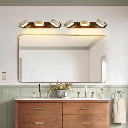 Wood Farmhouse Bathroom Vanity Light,Natural Stone Travertines Walnut Wall Lamp 3 Lights Travertine Shade Wabi Sabi Lamp, Linear Bathroom Vanity Lighting Rotatable 30W LED Wall Fixture Over Mirror