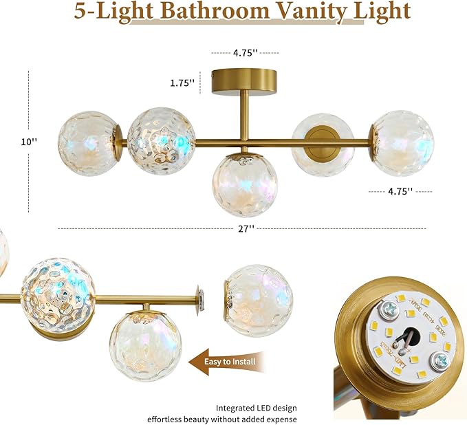 Gold LED Bathroom Vanity Light: 5-Light Stained Hammered Glass Colorful Globes Brass Vanity Lights Fixture over Mirror for Bath Room Makeup - Unique Mid Century Modern Brushed Gold Entryway Wall Light