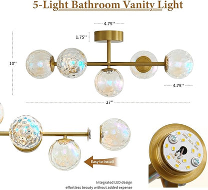 Gold LED Bathroom Vanity Light: 5-Light Stained Hammered Glass Colorful Globes Brass Vanity Lights Fixture over Mirror for Bath Room Makeup - Unique Mid Century Modern Brushed Gold Entryway Wall Light