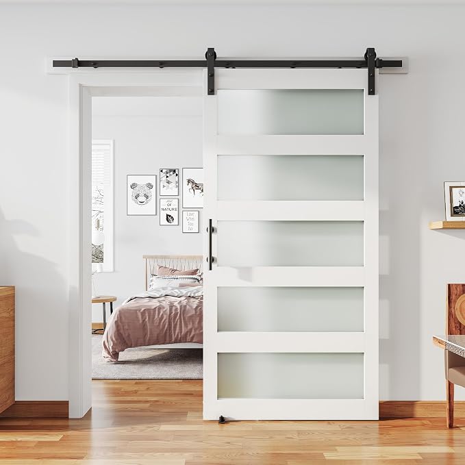 42'' x 84'' Glass Barn Door and 7Ft Hardware Kit Included, White | MDF White Barn Door Slab with Frosted Glass, PVC Surface, Combined with Handle and Floor Guide-Assembly Required