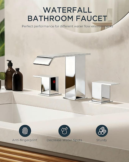 FORIOUS Bathroom Faucet 3 Hole Chrome, 8 Inch Widespread Bathroom Sink Faucet Waterfall Spout, with Pop Up Drain and Water Supply, Suitable for Vanity Rv Commercial Lavatory Restroom