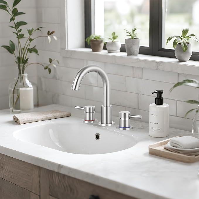 Nickel 8 Inch Widespread Bathroom Faucet 3 Hole with Pop-up Drain | 2 Handle, 8 Inch 3 Hole Sink, 360° Swivel Spout, RV Vanity, Quick Connect, Supply Hoses, NSF372 NSF61 cUPC