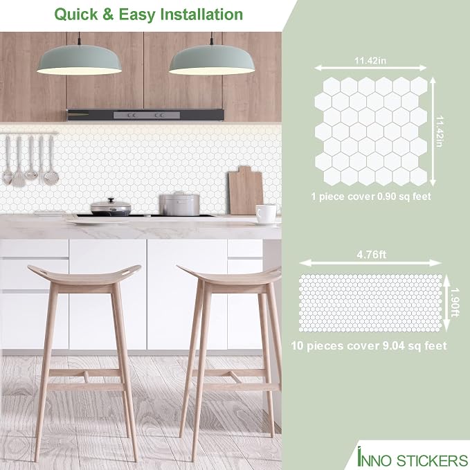 10-Sheet Hexagon Peel and Stick Backsplash, 11.42" x 11.42" White Honeycomb Self-Adhesive Marble Mosaic Wall Tile, Waterproof Stick on Backsplash Tiles for Kitchen Bathroom Shower