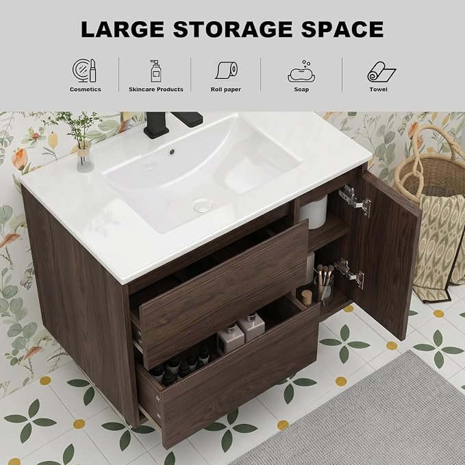 72 Modern Floating Double Sink Bathroom Vanity, Wall-Mounted with Seamless Ceramic Top, Rounded Corners, Full-Extension Soft-Close Drawers & Concealed Drainage (Wood color, 72 inch)