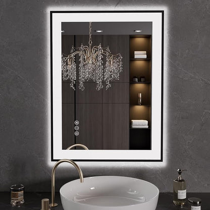 LOAAO 24"X32" LED Bathroom Mirror Black Framed | Anti-Fog, Dimmable, Memory Function, Tempered Glass, Lighted Vanity Mirror for Wall