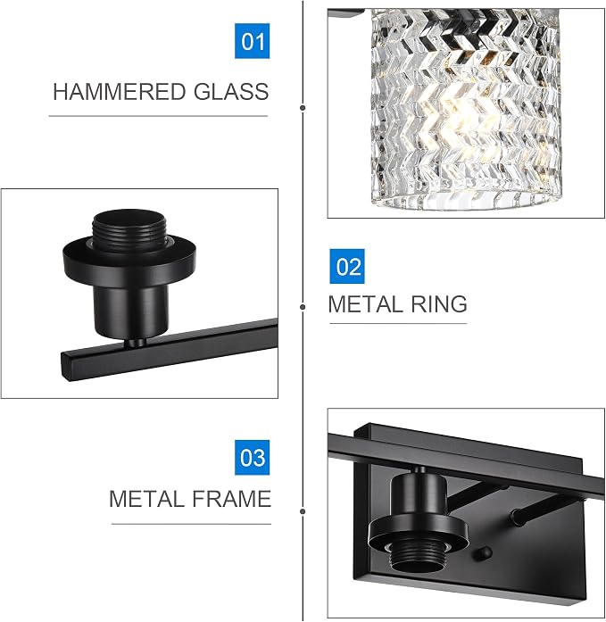 MELUCEE 4 Lights Black Bathroom Light Fixtures with Hammered Glass Shade | Indoor Metal Vanity Light Wall Lights for Powder Room Hallway Kitchen, E26 Base