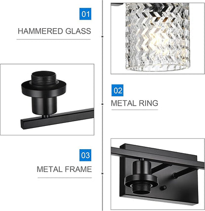 MELUCEE 3 Lights Modern Bathroom Light Fixtures Black Vanity Lights | Indoor Wall Mounted Light with Hammered Glass Shade Suitable for Bathroom Living Room Hallway