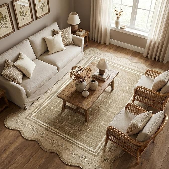Garvee Washable Rugs for Living Room 8x10 Area Rugs Scalloped Rug Camel | Modern Bordered Non Slip Large Kids Bedroom Carpet Indoor Stain Resistant Floor Cover for Bedroom Dining Room Office Nursery