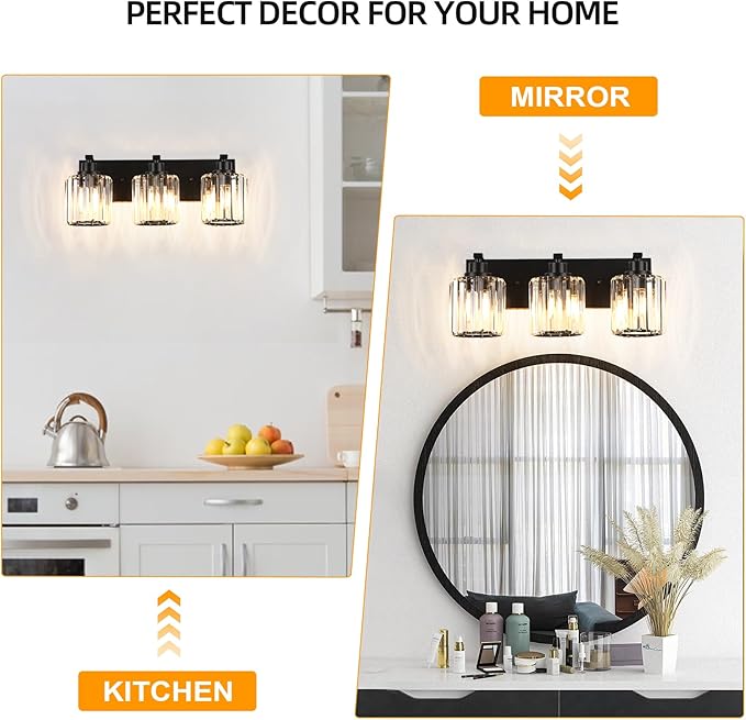 3 Lights Crystal Bathroom Vanity Light Modern Black Bathroom Light Fixture Over Mirror Vanity Lights for Bedroom,Restroom,Hallway E26 Base