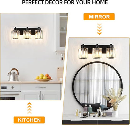 3 Lights Crystal Bathroom Vanity Light Modern Black Bathroom Light Fixture Over Mirror Vanity Lights for Bedroom,Restroom,Hallway E26 Base