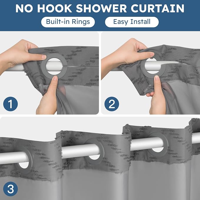 FADOTY Grey No Hook Shower Curtain Set with Snap in Liner, 71'' x 74'' | Bathroom Hotel Fabric Curtain, Waterproof Washable Liner, See Through Top Window, Ringless Chevron Tufted Cloth Curtain