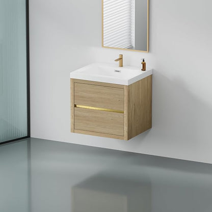 24" Floating Bathroom Vanity with Sink, Wall-Mounted Bathroom Storage Vanity Cabinet with Resin Top Basin and Soft Close Drawers, Fully Assembled, Natural Oak