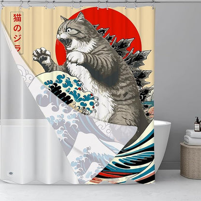 3 in 1 Funny Japanese Cat Shower Curtain with PEVA Liner Set, Vintage Cat Art Japan Anime Wave Fabric Shower Curtain with 12 Double Sided Stainless Steel Shower Curtain Hooks for Bathroom, 72 x 72