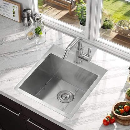 VCCUCINE Bar Sink Drop in,18 x 18 Inch Topmount RV Small Kitchen Sink,Handmade Stainless Steel Wet Bar Sink,Outdoor Single Bowl,Brushed Nickel Prep Sink with Drain