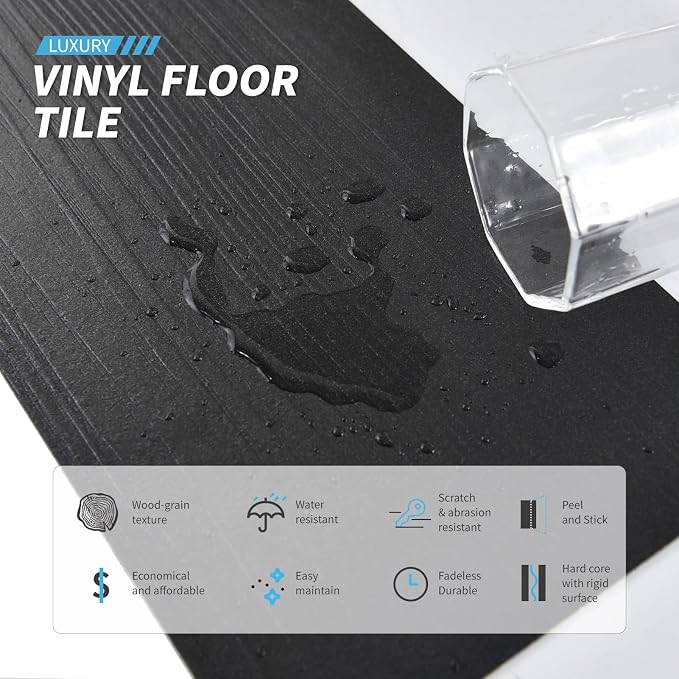 Art3d 12-Pack 18 Sq.ft Peel and Stick Floor Tiles Vinyl Plank Flooring Wood Look, Adhesive and Waterproof Tile Sticker for Bedroom, Living Room, Kitchen, RV in Black