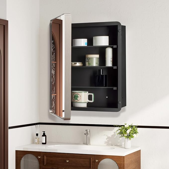 16’’x20’’ Medicine Cabinet,Metal Framed Medicine Cabinet Mirror with Round Corner,Recessed and Surface Mount Bathroom Mirror with Storage, Removeable Shelves,Sliver