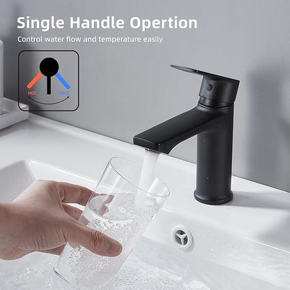 BELZ Bathroom Faucet Matte Black, Tool-Free Modern Single Handle Sink Faucet, Anti-Peeling Single Hole Vanity Faucet, Pre-Installed 24" Lines, Faucet Only