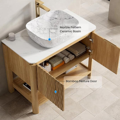36" Bathroom Vanity with Sink, Freestanding Bathroom Storage Cabinet with Marble-Pattern Ceramic Basin & 2 Bamboo Texture Doors, Floor Stand Vanity Combo with Bottom Open Shelf, Natural