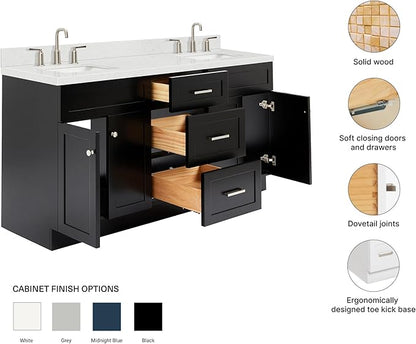 ARIEL Hamlet 66-inch Bathroom Vanity with Sink,Solid Wood, 1.5-inch Carrara White Quartz Countertop & Backsplash, Double Rectangular Porcelain Sink, 4 Soft Closing Doors, 3 Dovetail Drawers, Black