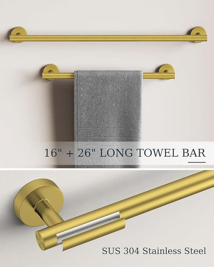 Brushed Gold Bathroom Accessories Set SUS304 Stainless Steel 6 Pieces | Evolvegoods Bathroom Hardware Set, 16&26 Inch Bath Towel Bar Set, 2 Towel Hooks, Toilet Paper Holder, Towel Racks