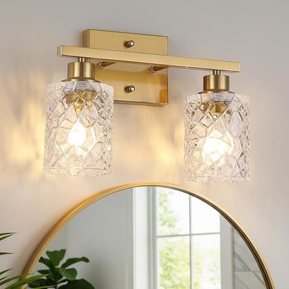 Mecgirn Stainless Steel Bathroom Vanity Light Over Mirror, 2 Light Brushed Gold Bathroom Light Fixtures with Textured Glass Shades,Ceramic E26 Sockets Wall Mounted Vanity Lights for Bathroom