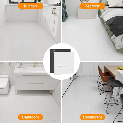 White Marble Peel and Stick Floor Tile 10-Pack 12 x 12 inch,Self-Adhesive Waterproof Vinyl Flooring Plank for Bathroom,Kitchen, Dining Room, Bedrooms, Cover 10 Sq. Ft