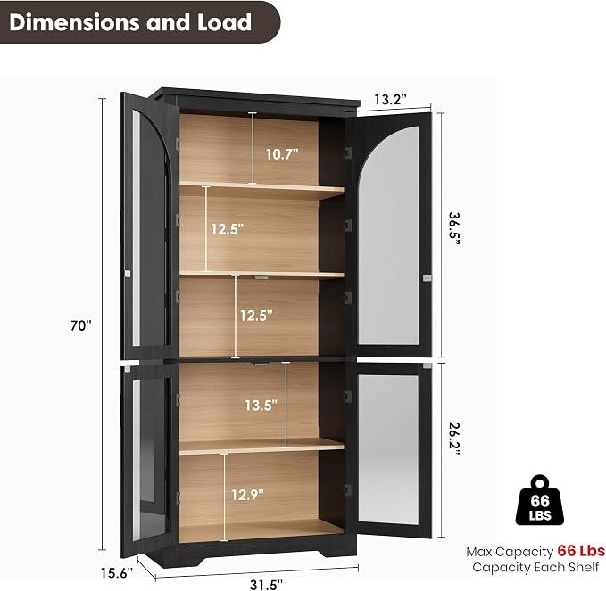 Garvee 70" Tall Kitchen Pantry Cabinet - Modern Display Cabinet with 4 Arched Glass Doors and Adjustable Shelves, Versatile Cupboard Organizers for Kitchen, Dining Room, Living Room, Bathroom, Black