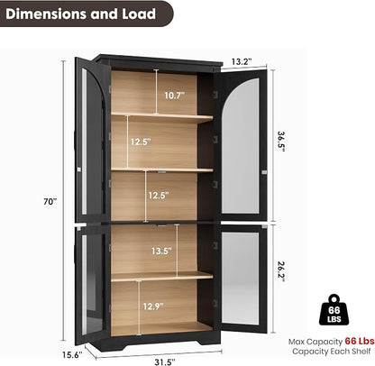 Garvee 70" Tall Kitchen Pantry Cabinet - Modern Display Cabinet with 4 Arched Glass Doors and Adjustable Shelves, Versatile Cupboard Organizers for Kitchen, Dining Room, Living Room, Bathroom, Black