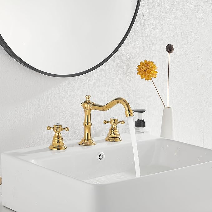 GGStudy 2 Handles 3 Holes Faucet Widespread Bathroom Sink Faucet Polished Gold Basin Tap Mixer Supply Hose Included Matching Metal Pop Up Drain