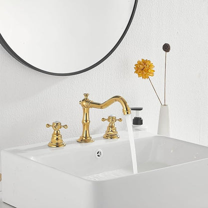 GGStudy 2 Handles 3 Holes Faucet Widespread Bathroom Sink Faucet Polished Gold Basin Tap Mixer Supply Hose Included Matching Metal Pop Up Drain