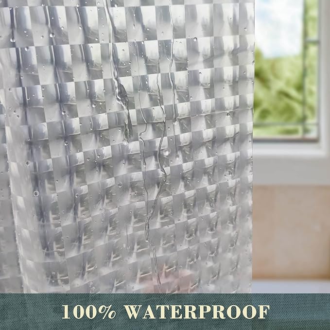 No Hook Shower Curtain or Liner, Standard Size 71 x 74, Square | 8G Heavy Duty, Grid Bathroom Shower Curtain, No Hooks Required, Waterproof Plastic & PVC Free