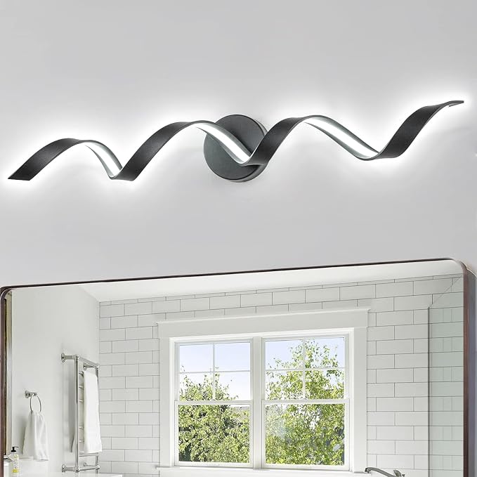 Dimmable Modern LED Bathroom Vanity Lights 32 inch, 20W Spiral Design Black Wall Light Fixtures for Bathroom, Living Room and Hallway, 6000K White Light