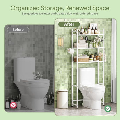 Simple Trending 3-Tier Over Toilet Storage Rack with Paper Holder & Hooks | Heavy Duty Metal Bathroom Organizer Shelf Over Toilet, Freestanding Space Saving Bathroom Cabinet for Laundry, White
