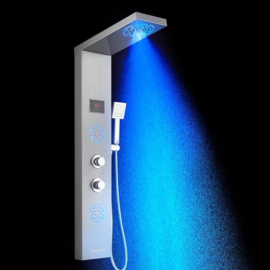 POPFLY Shower Panel Tower with LED Mist Shower Rainfall Head ＆ 2 Body Jets with LED, Tub Spout and Temperature Display, No Battery Needed Shower Tower Column System, Brushed