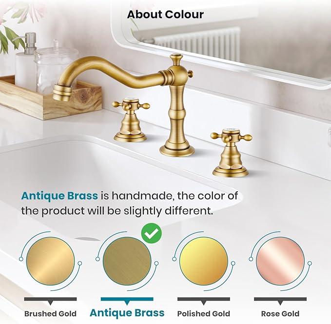 gotonovo Bathroom Faucet 3 Hole 8 Inch Widespread Bathroom Sink Faucet 2 Cross Handles Vintage Lavatory Vanity Mixer Tap with Pop Up Drain, HOT Cold Label, Antique Brass