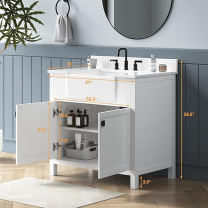 36 Inch Bathroom Vanity With Sink, Solid Wood Frame Single Bathroom Vanity, Modern Storage Cabinet With Soft Closing Doors, Apron Farm Sink, Adjustable Feet, White