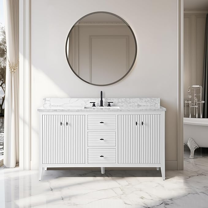 Vanity Art 60 inch Bathroom Vanity with Single Sink & Ceramic Top, Vanity Cabinet with Soft-Closing Door, Solid Wood Frame, Linear Pattern, White, VA9160-SW-MB,Matte Black Handles
