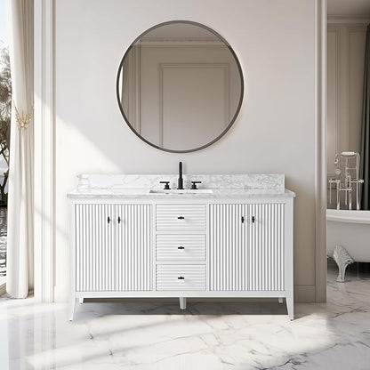 Vanity Art 60 inch Bathroom Vanity with Single Sink & Ceramic Top, Vanity Cabinet with Soft-Closing Door, Solid Wood Frame, Linear Pattern, White, VA9160-SW-MB,Matte Black Handles