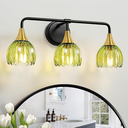 Bathroom Vanity Light Fixtures: 3-Lights Vintage Bathroom Lights Over Mirror with Ribbed Green Tulip Glass Shade - 22.4 inch Black and Gold Wall Sconce Bath Lighting