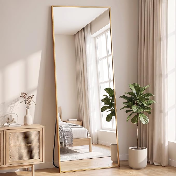 NEWBULIG Full Length Floor Mirror 65"x24", Body Standing Mirror | Wall Hanging or Leaning, Shatter-Proof Glass, Aluminum Alloy Frame with Stand, Home Decor Bedroom, Gold
