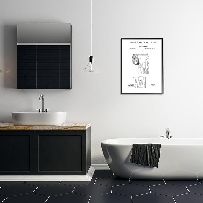 Stupell Industries 'Toilet Paper Roll Vintage Patent Minimal Black White', Framed Giclee Art, Black, 24 x 30 Inches, Easy to Hang and Sturdy, Made in USA, by Studio W