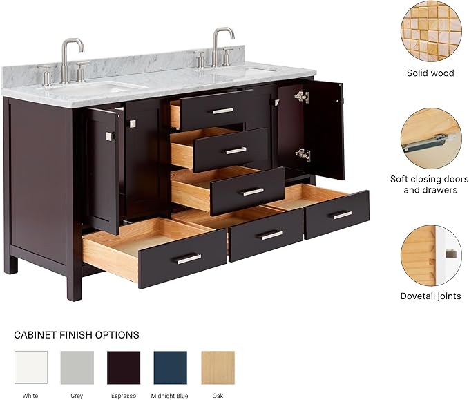 ARIEL Cambridge 66-inch Bathroom Vanity with Sink,Solid Wood, 0.75-inch Italian Carrara Marble Countertop, Double Rectangular Porcelain Sink, 4 Soft Closing Doors, 6 Dovetail Drawers, Espresso