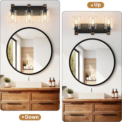 Farmhouse Bathroom Vanity Light Fixtures, Rustic 3-Light Wood Vanity Lights for Bathroom, Vintage Black Wall Sconces Lighting, Light fixtures Over Mirror, with Glass Shade