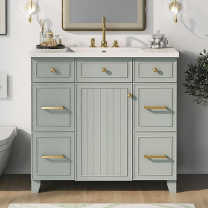 LUMISOL 36" Bathroom Vanity with Ceramic Sink, Modern Bathroom Vanity with 3 Drawers & Soft Close Doors, Solid Wood Bathroom Sink Cabinet with Undermount Basin, Gold Handles (Green)