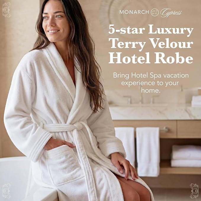 MONARCH Cotton Terry Velour Bath Robe Self-Tie Belt for Men or Women | Absorbent Inside, Smooth Outside, Generously Sized Hotel-Grade Robe, Dual Patch Pockets, Dryer-Safe, Machine Washable